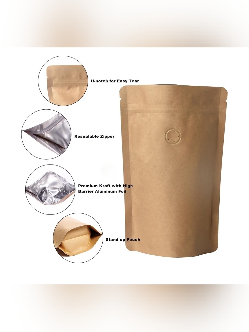 Kraft Stand-Up Coffee Bags With Zipper Lock - Pack Of 49 Bags